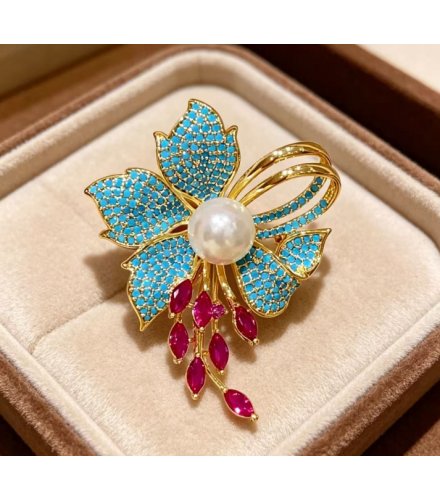 XSB258 - Vintage High-End Imitation Turquoise Iris Flower Pearl Brooch